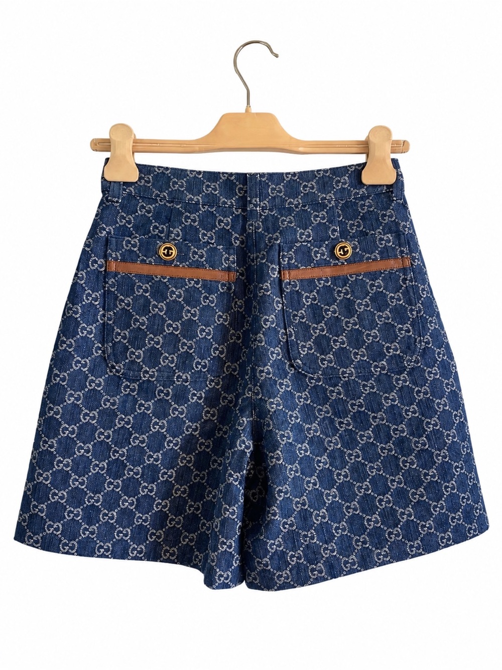 Gucci Blue GG Denim Bermuda Shorts with Brown Trim